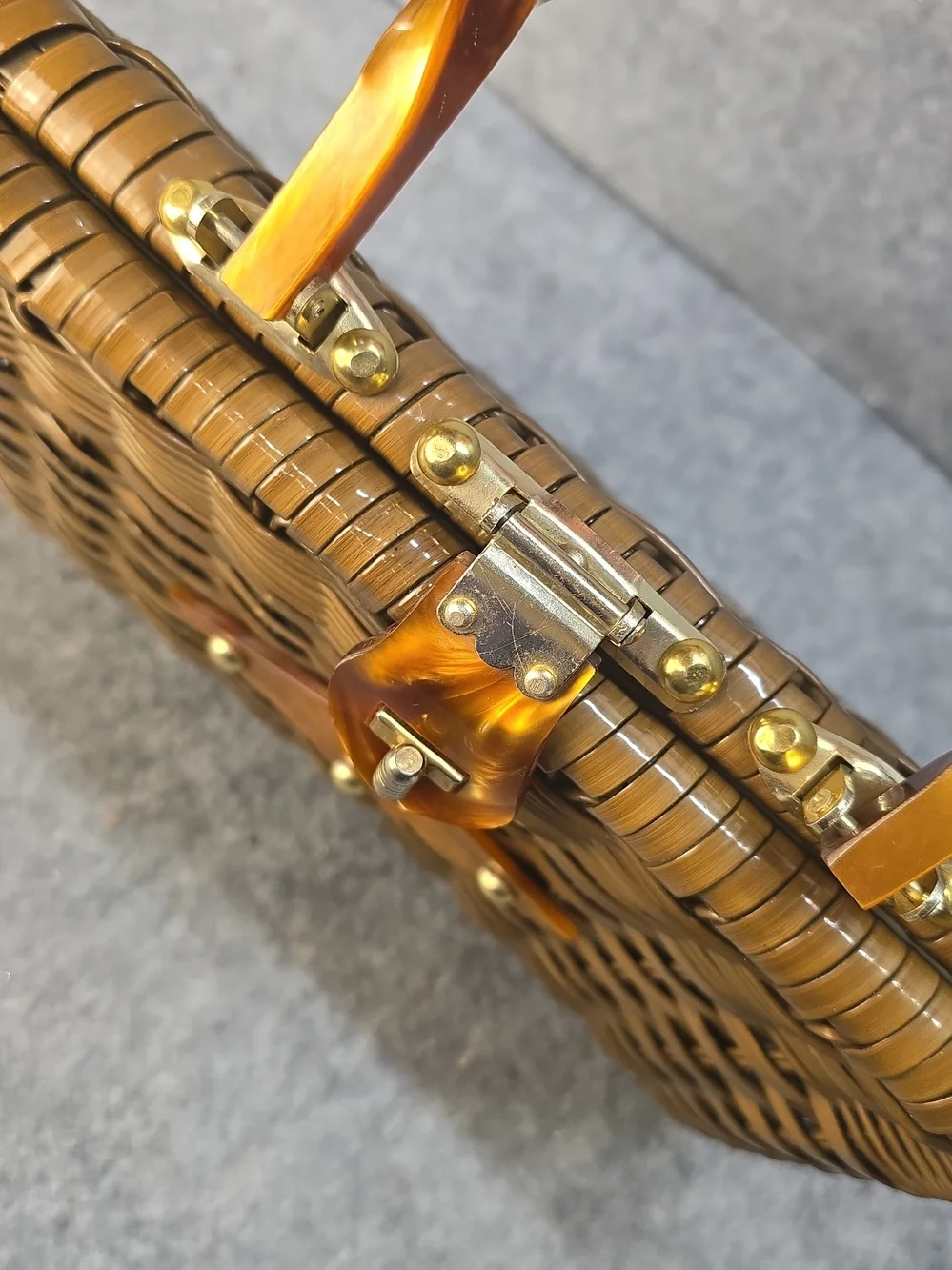 Vintage Handmade Wicker And Lucite Basket Handbag Made In Hong Kong